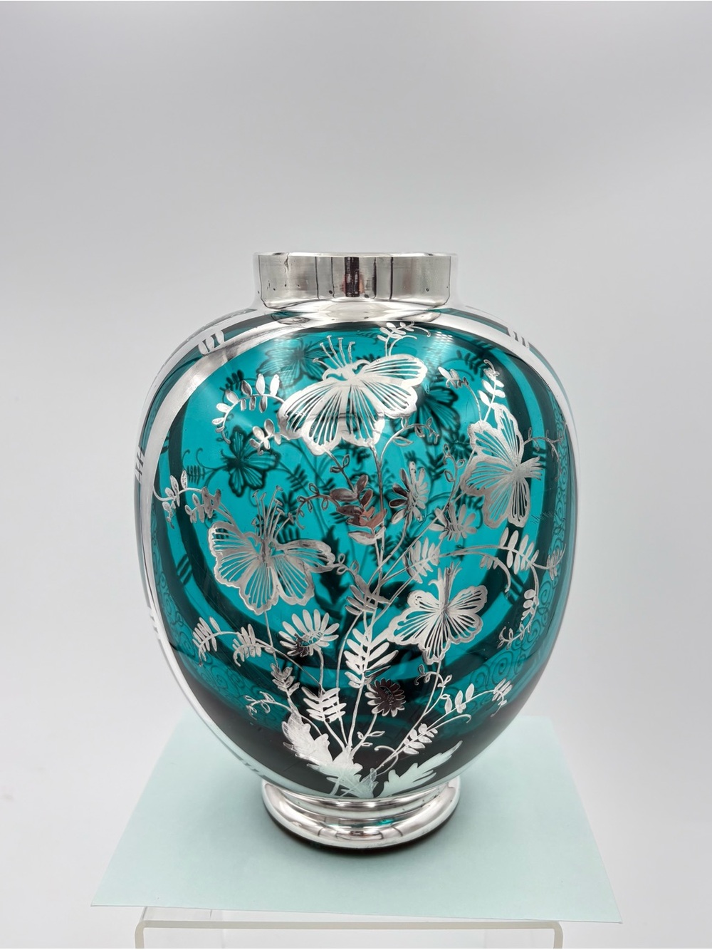 Vintage European Mid-Century 9" Turquoise Silver Overlay Floral Art Glass Vase